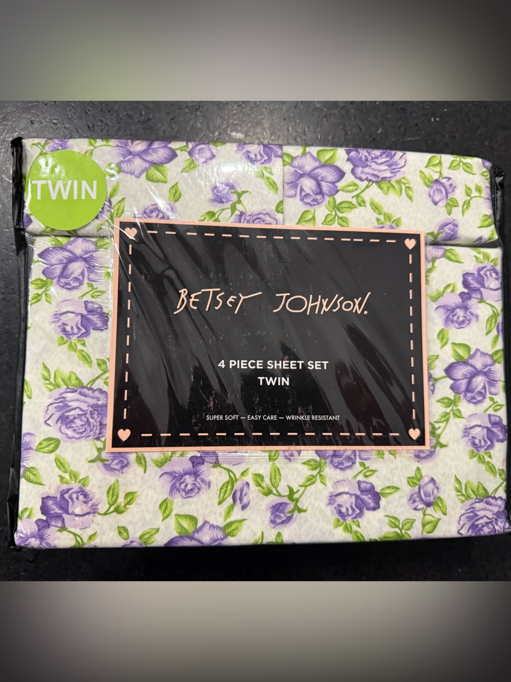 NEW BETSEY JOHNSON TWIN WILD LOVE PURPLE GREEN FLORAL WHITE 4 PIECE SHEET SET